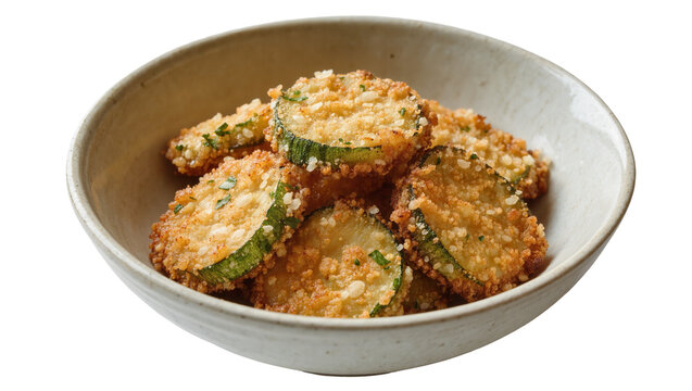 Crispy golden fried zucchini slices with breadcrumbs and herbs, isolated on transparent background
