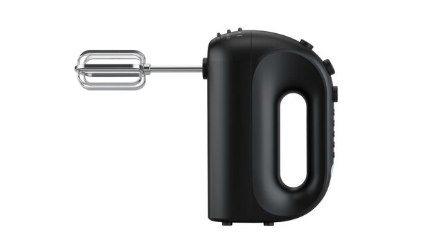 Black electric hand mixer with chrome beaters, isolated on transparent background