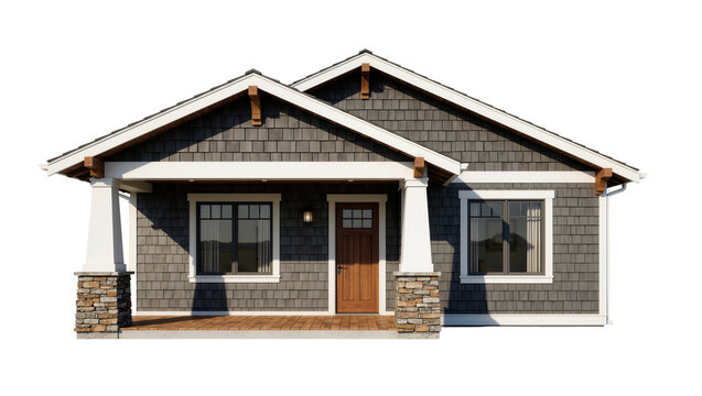 Gray shingle siding craftsman house with stone accents, isolated on transparent background