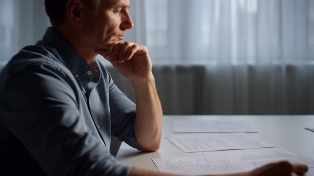 Adult man rests his chin on one hand while seated beside printed documents, as framing widens from close profile to reveal white tabletop and softly lit curtains