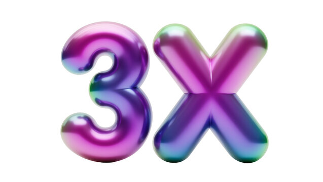 Shiny metallic 3X numbers with iridescent gradient, isolated on transparent background
