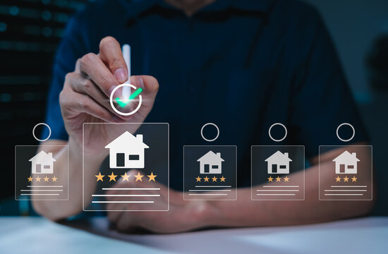 Property selection and real estate comparison decision concept. Person reviewing home listings with ratings, approval mark. property evaluation, buyer choice, listing comparison, online housing search