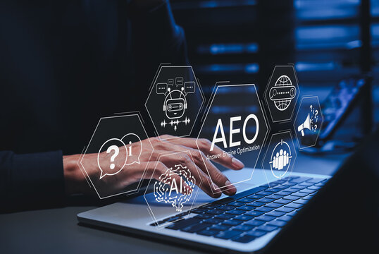 Answer engine optimization (AEO) strategy concept. Person working with AEO (Answer Engine Optimization), AI icons, chatbot, and search, modern digital marketing for online visibility, user engagement,