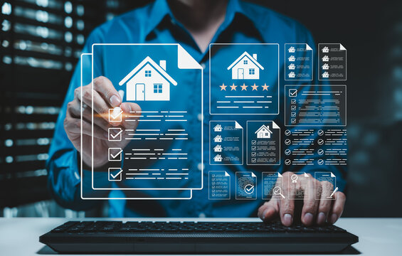 Real estate listing evaluation and property review concept. Businessman using computer to check home documents, ratings and checklists. property assessment, listing comparison, housing decision making