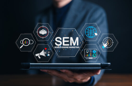 SEM Search Engine Marketing Concept. Professional using laptop with targeting icons, analytics, paid ads, global outreach representing online advertising strategy, performance-driven digital marketing