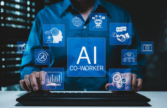 AI coworker and workplace automation concept. professional using computer with icon for chatbot, machine learning, cloud system, analytics, collaboration, productivity, workflow intelligent assistance