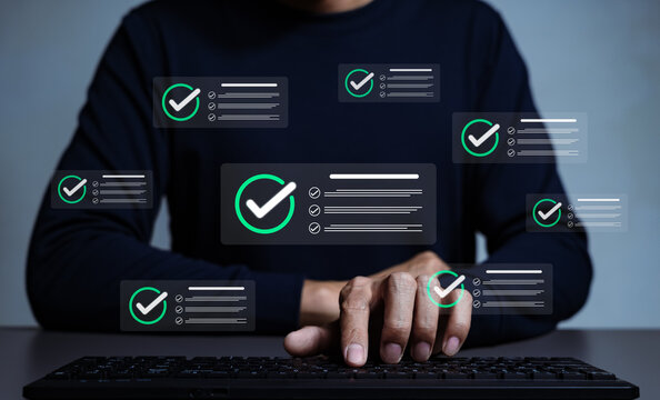 Checklist approval workflow concept. Professional using keyboard and checkmark task, quality assurance, compliance review, document verification, completed requirements, business process validation