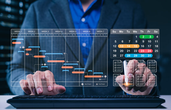 Project schedule planning and Gantt chart management concept. Businessman using computer with calendar timeline, task checklist, weekly milestones, workflow tracking, deadline control, productivity