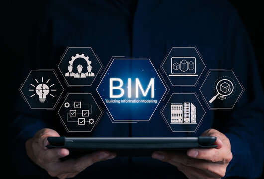 Building Information Modeling and digital construction concept. Person using tablet, BIM icon for 3D design, project coordination, architecture, engineering, workflow, collaboration, facility planning