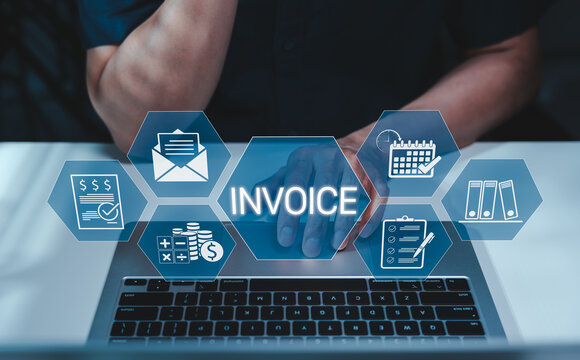 E-Invoice and Online Billing Management Concept. A person working on laptop with digital invoice icons, calendar, checklist, money, statement, document represents e-invoicing and financial workflow.