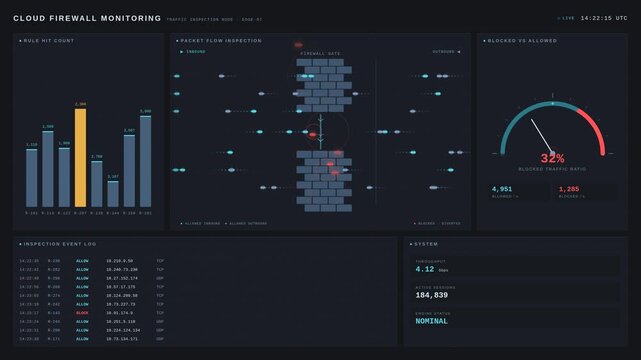Cloud firewall monitoring interface displaying real time network