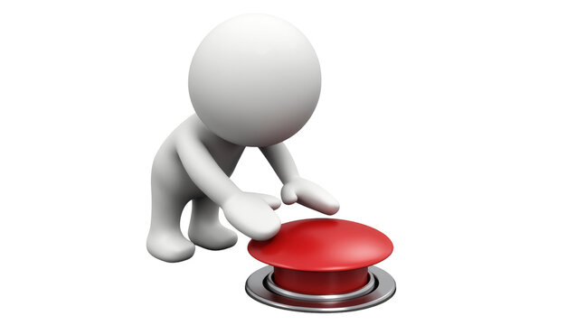 White 3D character pressing a red button, isolated on transparent background