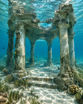 Magnificent ancient submerged stone gate archway standing on clear white sand underwater fantasy landscape background for phone wallpaper