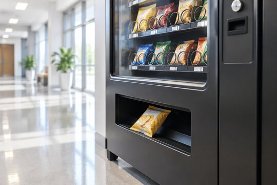 Modern vending machine with snack dropping into slot, convenience and retail concept