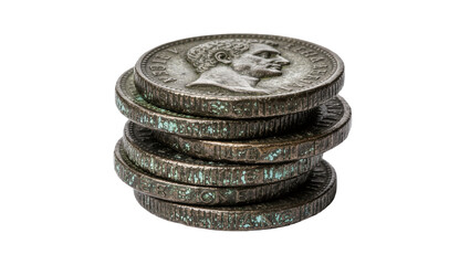 Stack of old tarnished coins with profile portrait, isolated on transparent background © Nina