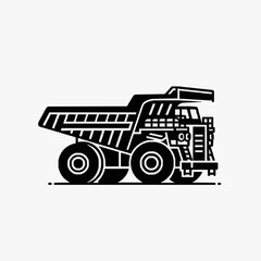 Professional Black and White Line Drawing of a Large Dump Truck with Open Cargo Bed and Large Wheels © Adem