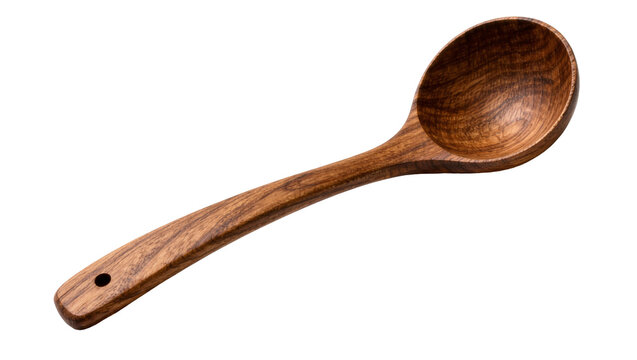 Dark brown wooden cooking spoon with a hole in the handle, isolated on transparent background