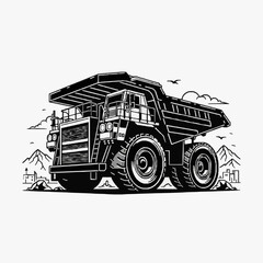 Professional Black and White of Large Mining Dump Truck in Industrial Mountainous Terrain with high quality professional line art symbols for modern creative design and digital branding projects © Adem