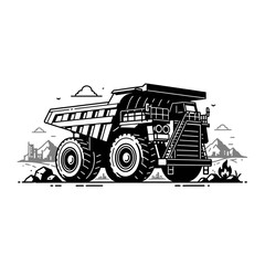 Professional Black and White of Large Mining Dump Truck in Industrial Landscape with Mountains and City Skyline © Adem