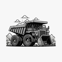 Professional Black and White of Large Mining Dump Truck in Rocky Terrain with Mountain with high quality professional line art symbols for modern creative design and digital branding projects © Adem