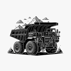 Professional Black and White of Large Mining Dump Truck with Mountainous with high quality professional line art symbols for modern creative design and digital branding projects © Adem