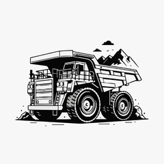 Sleek Black and White of Large Off Road Mining Dump Truck with Mountain with high quality professional line art symbols for modern creative design and digital branding projects © Adem