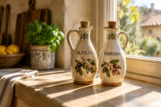 Ceramic oil and vinegar cruets on a sunny kitchen windowsill.