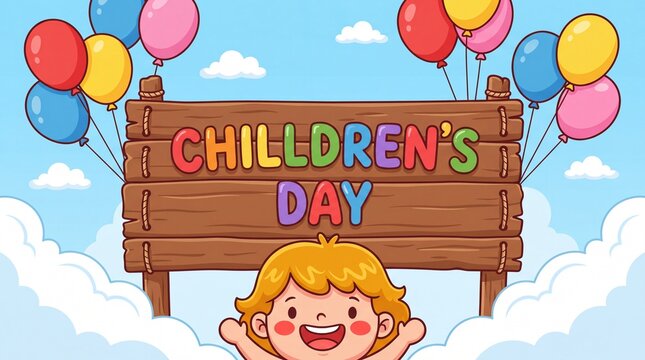 Colorful balloons and a wooden sign celebrate a joyful childrens day event