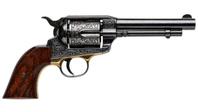 Ornate engraved antique revolver with wooden grip, isolated on transparent background
