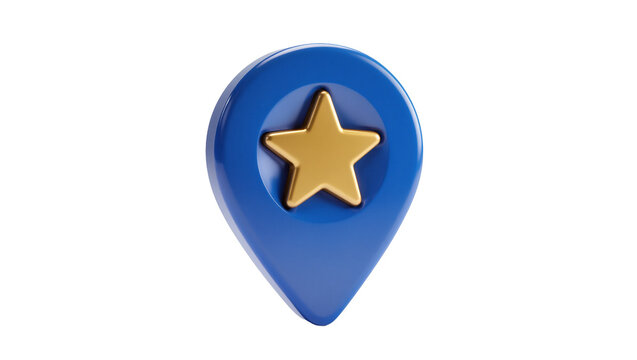 Blue map pin with golden star inside, isolated on transparent background