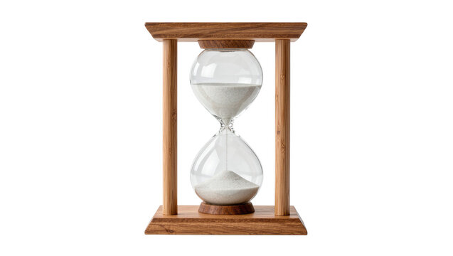 Wooden hourglass with white sand flowing, isolated on transparent background