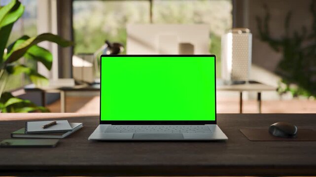 Laptop PC  Blank Green Screen on Desk in Bright Bophilic Office
