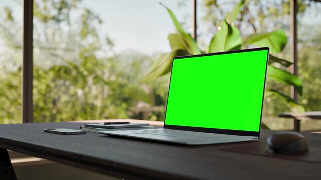 Laptop PC  Blank Green Screen on Desk in Bright Bophilic Office