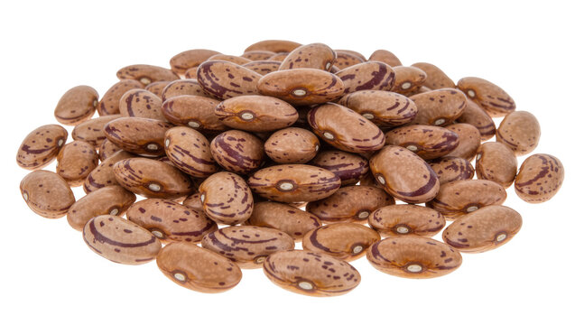 Pile of pinto beans with distinctive brown and maroon markings, isolated on transparent background