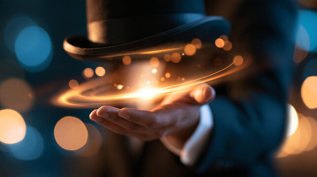 Elegant faceless magician performing a stunning trick in formal attire during a magic show, with copy space