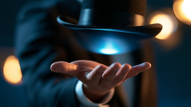 Elegant faceless magician performing a stunning trick in formal attire during a magic show, with copy space