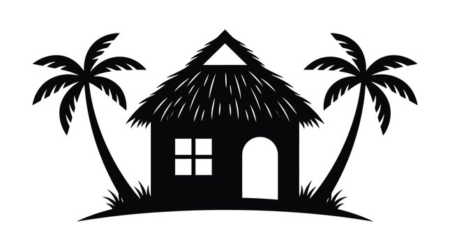 Black and white tropical hut silhouette vector graphic illustration with palm trees for beach designs