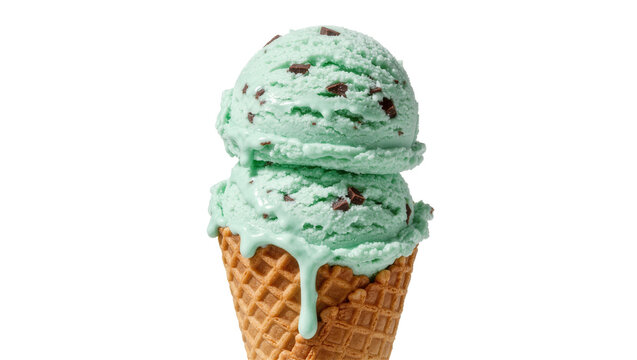 Mint chocolate chip ice cream scoops in waffle cone, isolated on transparent background