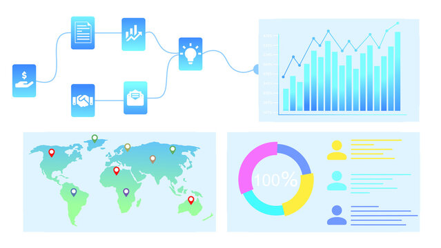  Minimal business analytics dashboard illustration, business analytics dashboard with workflow icons, world map location pins, growth chart, pie chart and user data panels on transparent background.