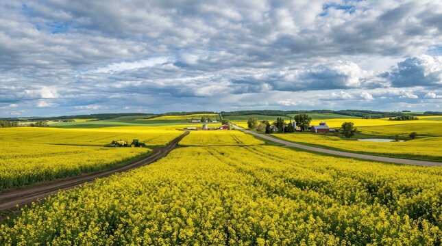 Vast yellow canola fields under dramatic cloudy sky with winding rural roads