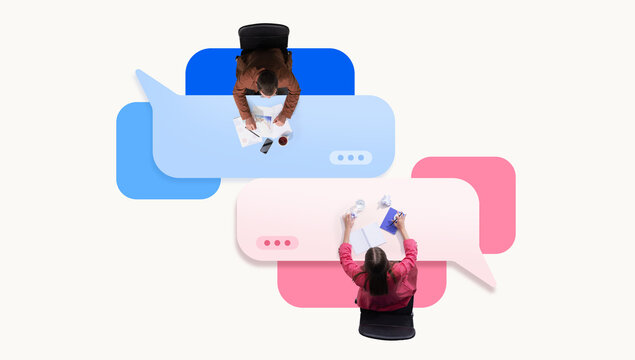 Overhead view of two colleagues sharing notes at illustrated speech bubble tables with engaged posture. Internal communication, employee onboarding, knowledge sharing concept.