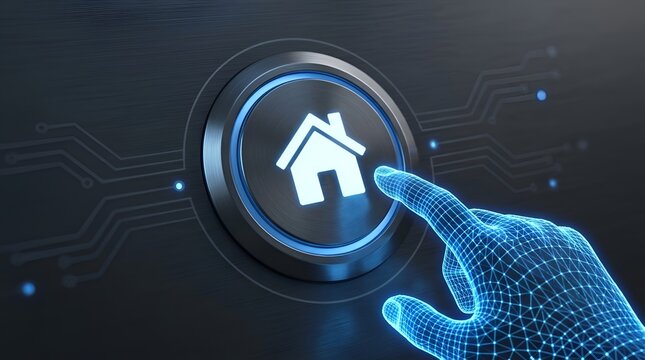 A glowing digital smart home button being pressed by a futuristic wireframe robotic hand