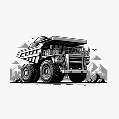 Modern Black and White of Large Mining Dump Truck with Rocky Terrain with high quality professional line art symbols for modern creative design and digital branding projects © Enzil