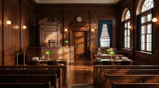 Grand wooden courthouse interior featuring defendant and plaintiff tables before a civil case hearing.