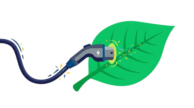 Electric car charging plug connected to a green leaf symbolizing eco friendly energy