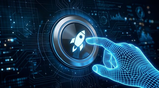 Digital Hand Activating a Futuristic Rocket Launch Button on an Advanced Cybernetic Interface Panel