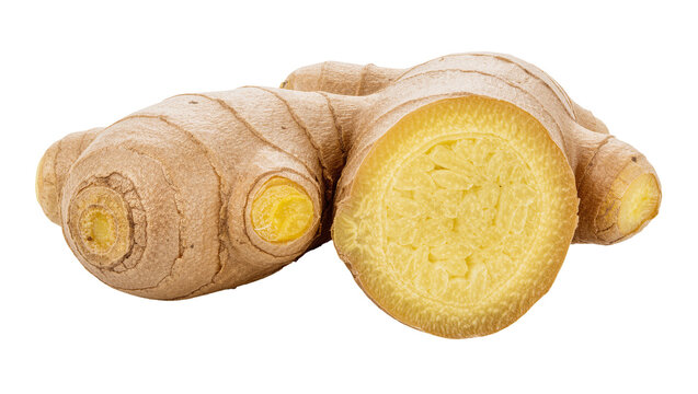 Whole and sliced fresh ginger root with rough brown skin and yellow flesh, isolated on transparent background