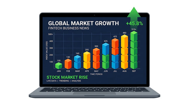 Laptop displaying global market growth chart with rising stock values
