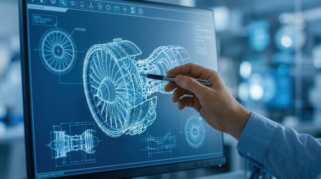 Professional engineer working on a jet engine project with 3D modeling software on a digital display.