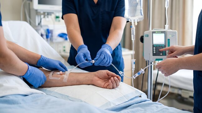 medical team working together to prepare an intravenous infusion, one healthcare professional connects IV tubing while another checks infusion pump and a third stabilizes the patient's arm